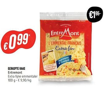 Promoties Geraspte kaas entremont extra fijne emmentaler - Entre Mont - Geldig van 21/06/2018 tot 27/06/2018 bij Delhaize