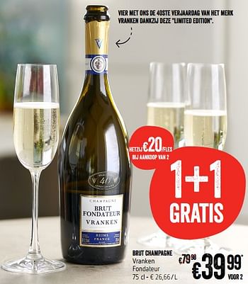 Promoties Brut champagne vranken fondateur - Champagne - Geldig van 21/06/2018 tot 27/06/2018 bij Delhaize