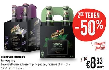 Promoties Tonic premium mixers schweppes lavendel-oranjebloesem, pink pepper, hibiscus of matcha - Schweppes - Geldig van 21/06/2018 tot 27/06/2018 bij Delhaize