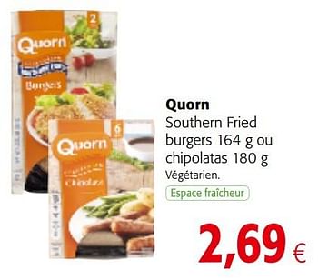 Promotions Quorn southern fried burgers ou chipolatas - Quorn - Valide de 20/06/2018 à 03/07/2018 chez Colruyt