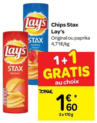 Promotions Chips stax lay`s - Lay's - Valide de 20/06/2018 à 02/07/2018 chez Carrefour