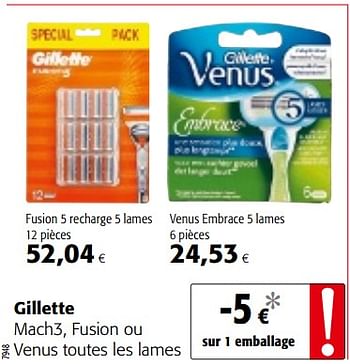 Promotions Gillette mach3, fusion ou venus toutes les lames - Gillette - Valide de 20/06/2018 à 03/07/2018 chez Colruyt