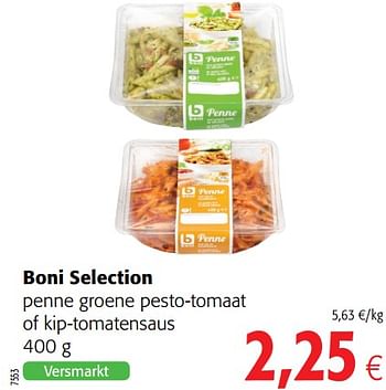Promotions Boni selection penne groene pesto-tomaat of kip-tomatensaus - Boni - Valide de 20/06/2018 à 03/07/2018 chez Colruyt