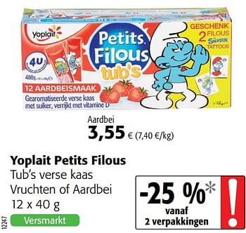 Promoties Yoplait petits filous tub`s verse kaas vruchten of aardbei - Yoplait - Geldig van 20/06/2018 tot 03/07/2018 bij Colruyt