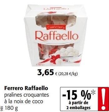 Promotions Ferrero raffaello pralines croquantes à la noix de coco - Ferrero - Valide de 20/06/2018 à 03/07/2018 chez Colruyt
