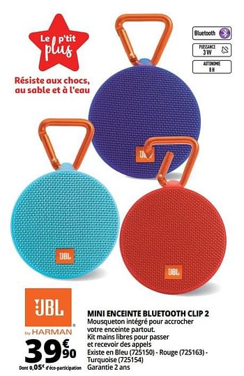 Promoties Mini enceinte bluetooth clip 2 - JBL - Geldig van 20/06/2018 tot 26/06/2018 bij Auchan
