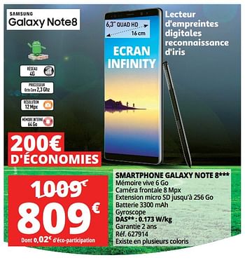 Promotions Samsung smartphone galaxy note 8 - Samsung - Valide de 20/06/2018 à 26/06/2018 chez Auchan Ronq