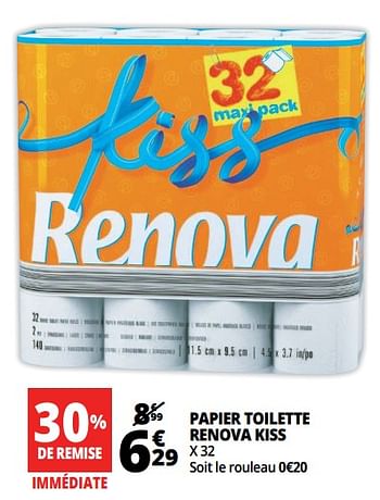 Promoties Papier toilette renova kiss - Renova - Geldig van 20/06/2018 tot 26/06/2018 bij Auchan