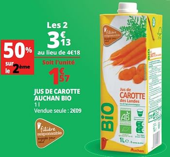 Promoties Jus de carotte auchan bio - Huismerk - Auchan - Geldig van 20/06/2018 tot 26/06/2018 bij Auchan