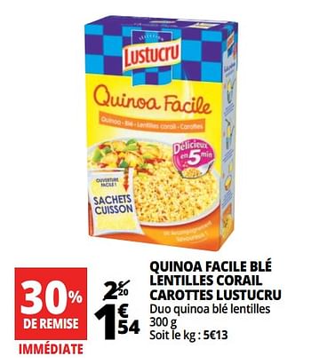 Promotions Quinoa facile blé lentilles corail carottes lustucru - Lustucru - Valide de 20/06/2018 à 26/06/2018 chez Auchan Ronq