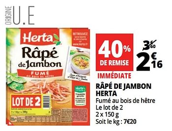 Promotions Râpé de jambon herta - Herta - Valide de 20/06/2018 à 26/06/2018 chez Auchan Ronq