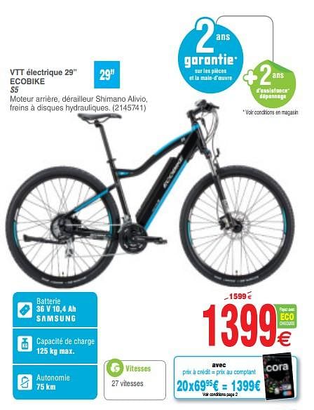 Eco Bike Vtt lectrique 29 ecobike s5 En promotion chez Cora