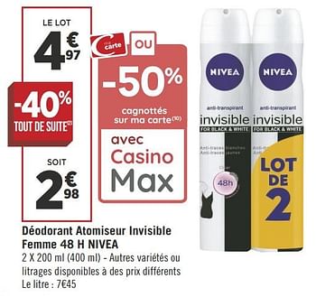 Promoties Déodorant atomiseur invisible femme 48h nivea - Nivea - Geldig van 19/06/2018 tot 01/07/2018 bij Géant Casino