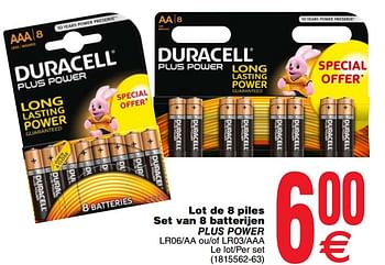 Promoties Lot de 8 piles set van 8 batterijen plus power - Duracell - Geldig van 26/06/2018 tot 09/07/2018 bij Cora