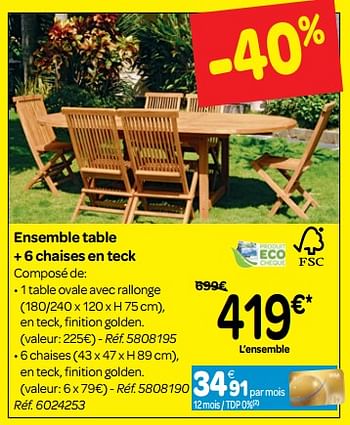 Promotions Ensemble table + 6 chaises en teck - Produit maison - Carrefour  - Valide de 30/06/2018 à 31/07/2018 chez Carrefour