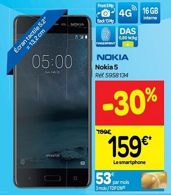 Promotions Nokia nokia 5 - Nokia - Valide de 30/06/2018 à 31/07/2018 chez Carrefour