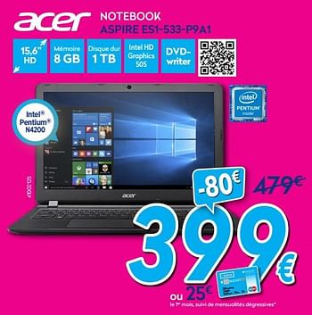 Promotions Acer notebook aspire es1-533-p9a1 - Acer - Valide de 30/06/2018 à 31/07/2018 chez Krefel