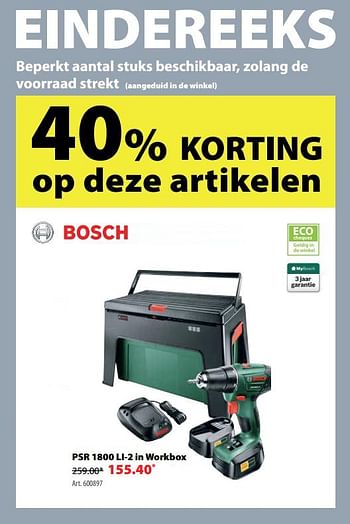 Promoties Bosch accuschroefboormachine psr 1800 li-2 in workbox - Bosch - Geldig van 04/07/2018 tot 16/07/2018 bij Gamma