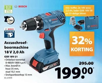 Promoties Bosch accuschroefboormachine gsr 18v-21 - Bosch - Geldig van 04/07/2018 tot 16/07/2018 bij Gamma