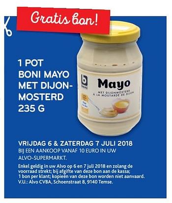 Promoties 1 pot boni mayo met dijon- mosterd - Boni - Geldig van 04/07/2018 tot 17/07/2018 bij Alvo