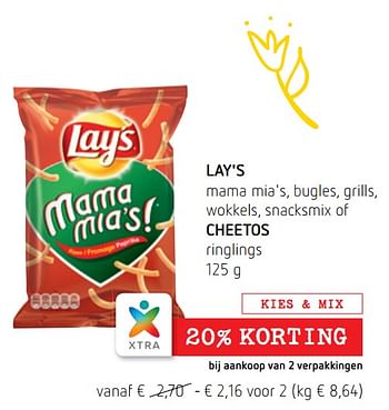 Promoties Lay`s mama mia`s, bugles, grills, wokkels, snacksmix of cheetos ringlings - Lay's - Geldig van 05/07/2018 tot 18/07/2018 bij Spar (Colruytgroup)
