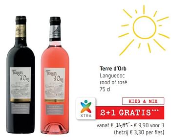 Promoties Terre d`orb languedoc rood of rosé - Rode wijnen - Geldig van 05/07/2018 tot 18/07/2018 bij Spar (Colruytgroup)