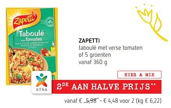 Promoties Zapetti taboulé met verse tomaten of 5 groenten - Zapetti - Geldig van 05/07/2018 tot 18/07/2018 bij Spar (Colruytgroup)