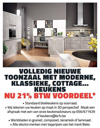 Promoties Volledig nieuwe toonzaal met moderne, klassieke, cottage keukens nu 21% btw voordeel - Huismerk - Bouwcenter Frans Vlaeminck - Geldig van 09/07/2018 tot 31/07/2018 bij Bouwcenter Frans Vlaeminck