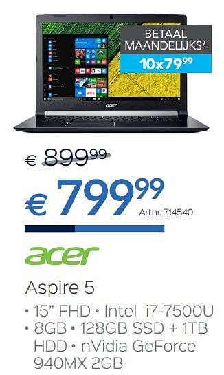 Promoties Acer laptop aspire 5 intel i7-7500u - Acer - Geldig van 30/06/2018 tot 31/07/2018 bij Auva