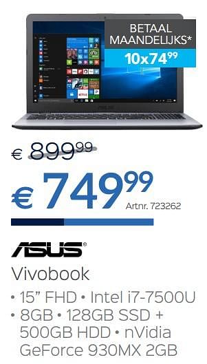 Promoties Asus laptop vivobook intel i7-7500u - Asus - Geldig van 30/06/2018 tot 31/07/2018 bij Auva