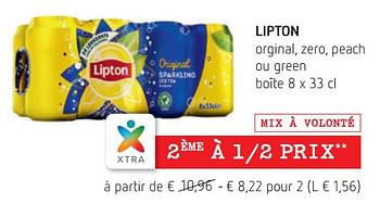 Promotions Lipton orginal, zero, peach ou green boîte - Lipton - Valide de 05/07/2018 à 18/07/2018 chez Spar (Colruytgroup)
