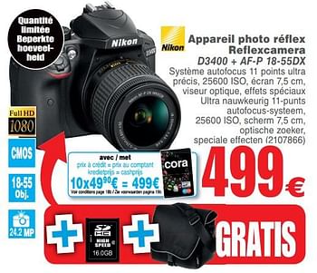 Promotions Nikon appareil photo réflex reflexcamera d3400 + af-p 18-55dx - Nikon - Valide de 03/07/2018 à 16/07/2018 chez Cora