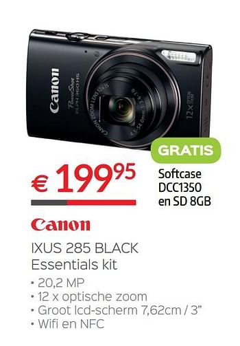 Promoties Canon ixus 285 black essentials kit - Canon - Geldig van 30/06/2018 tot 31/07/2018 bij Selexion