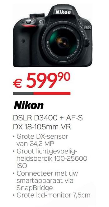 Promoties Nikon dslr d3400 + af-s dx 18-105mm vr - Nikon - Geldig van 30/06/2018 tot 31/07/2018 bij Selexion