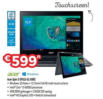 Promoties Acer spin 5 sp513-51-30rz - Acer - Geldig van 30/06/2018 tot 31/07/2018 bij Exellent
