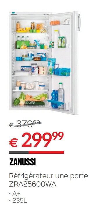 Promotions Zanussi réfrigérateur une porte zra25600wa - Zanussi - Valide de 30/06/2018 à 31/07/2018 chez Selexion