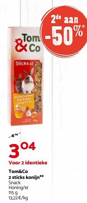 Promoties Tom+co 2 sticks konijn snack honing-ei - Huismerk - Tom & Co - Geldig van 04/07/2018 tot 15/07/2018 bij Tom&Co