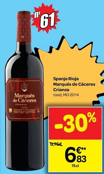 Promoties Spanje rioja marqués de cáceres crianza - Rode wijnen - Geldig van 04/07/2018 tot 16/07/2018 bij Carrefour