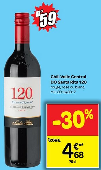Promotions Chili valle central do santa rita 120 rouge, rosé ou blanc, mo 2016-2017 - Vins rouges - Valide de 04/07/2018 à 16/07/2018 chez Carrefour