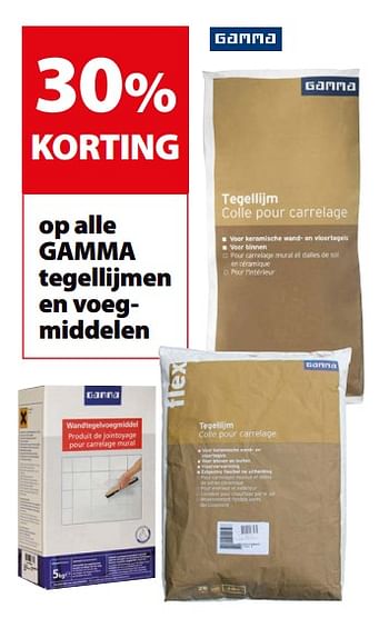 Promoties 30% korting op alle gamma tegellijmen en voegmiddelen - Gamma - Geldig van 18/07/2018 tot 30/07/2018 bij Gamma