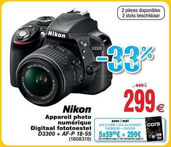 Promoties Nikon appareil photo numérique digitaal fototoestel d3300 + af-p 18-55 - Nikon - Geldig van 30/06/2018 tot 31/07/2018 bij Cora