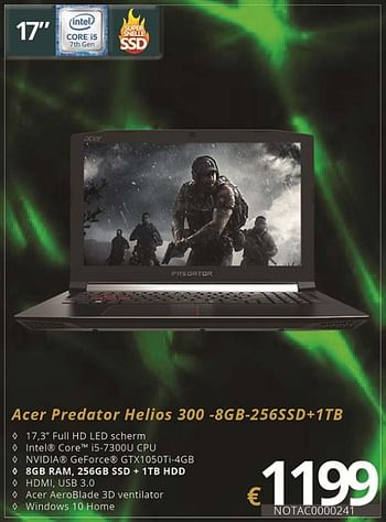 Promoties Acer gaming notebook predator helios 300 8gb 256ssd + 1tb - Acer - Geldig van 01/07/2018 tot 15/08/2018 bij Compudeals