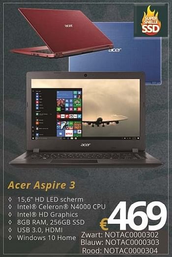 Promoties Acer notebook aspire 3 - Acer - Geldig van 01/07/2018 tot 15/08/2018 bij Compudeals