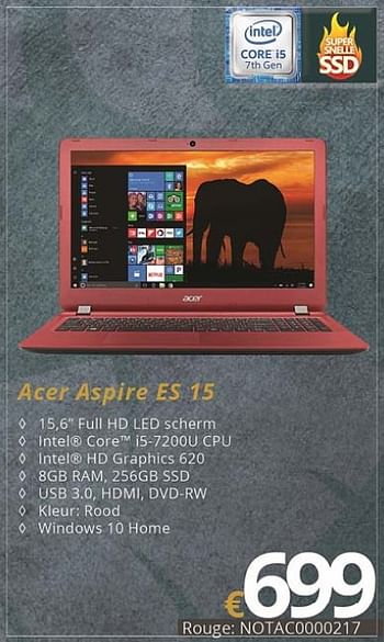 Promoties Acer notebook aspire es 15 - Acer - Geldig van 01/07/2018 tot 15/08/2018 bij Compudeals