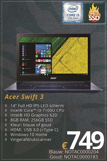 Promoties Acer notebook swift 3 - Acer - Geldig van 01/07/2018 tot 15/08/2018 bij Compudeals