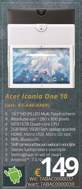 Promoties Acer tablet iconia one 10 (b3-a40-k86r) - Acer - Geldig van 01/07/2018 tot 15/08/2018 bij Compudeals