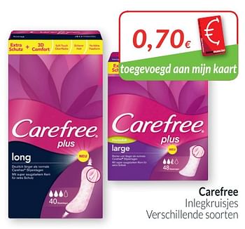 Promotions Carefree inlegkruisjes verschillende soorten - Carefree - Valide de 01/07/2018 à 31/07/2018 chez Intermarche