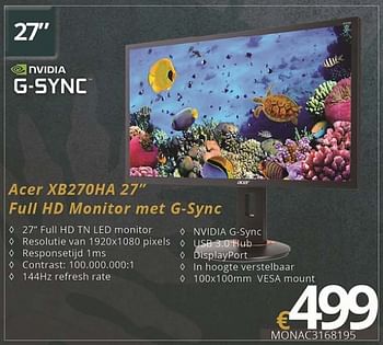 Promoties Acer xb270ha full hd monitor met g-sync - Acer - Geldig van 01/07/2018 tot 15/08/2018 bij Compudeals