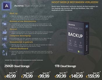 Promotions Acronis true image 2018 250gb cloud storage - Acronis - Valide de 01/07/2018 à 15/08/2018 chez Compudeals
