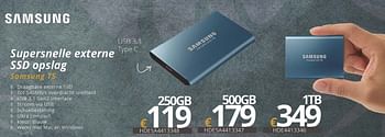Promotions Samsung supersnelle externe ssd opslag t5 250gb - Samsung - Valide de 01/07/2018 à 15/08/2018 chez Compudeals
